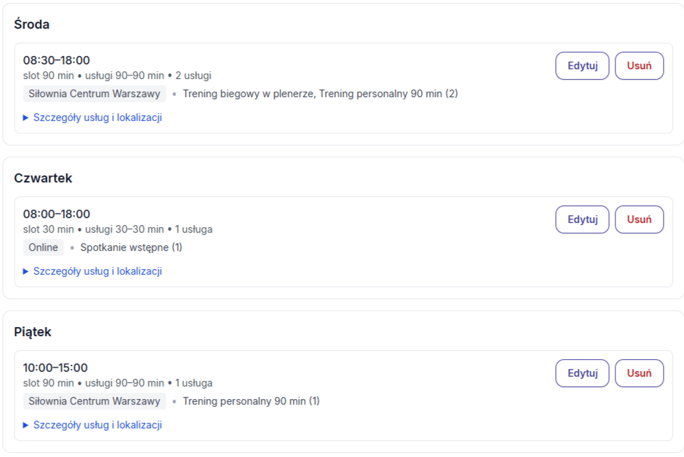 Kalendarz dostępności trenera na Spotuj